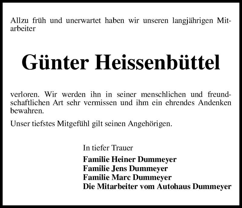 Traueranzeige für Günter Heissenbüttel vom 01.08.2013 aus WESER-KURIER